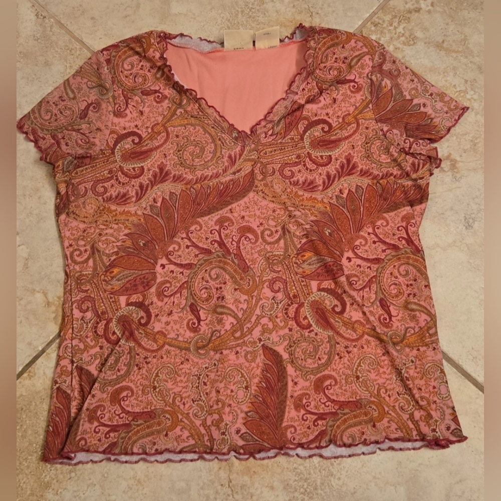 St. John's Bay Pink and Brown Paisley Short Sleeve Top Size L